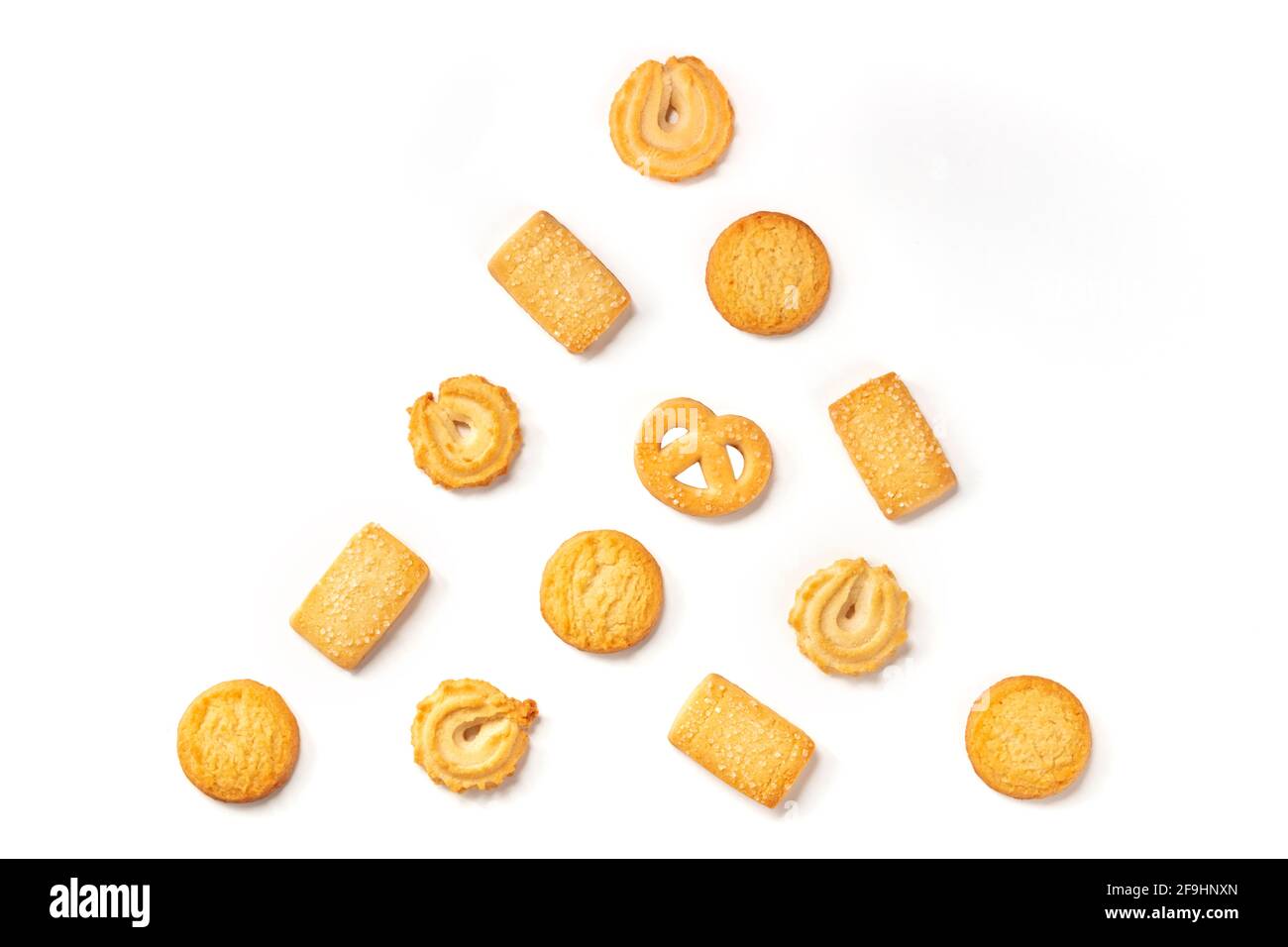 Danish butter cookies forming a Christmas tree, overhead flat lay shot Stock Photo