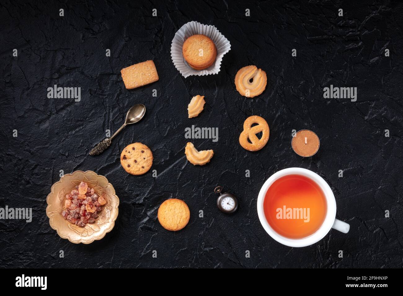 Danish butter cookies with a cup of tea, overhead flat lay shot Stock Photo