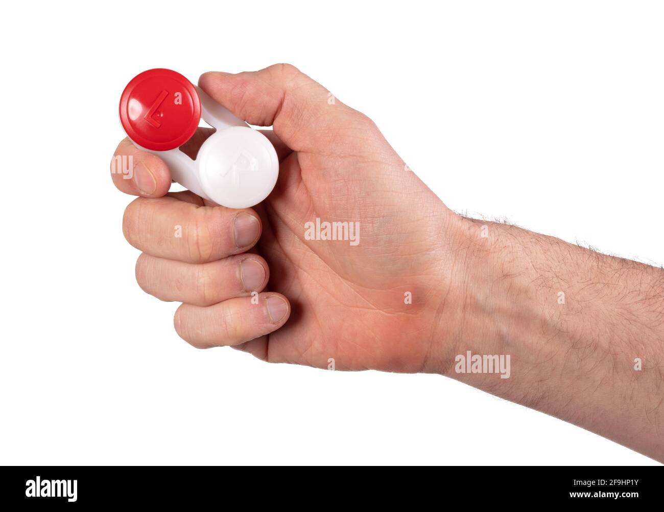 Man hand is holding contact lens case, isolated on white Stock Photo Alamy