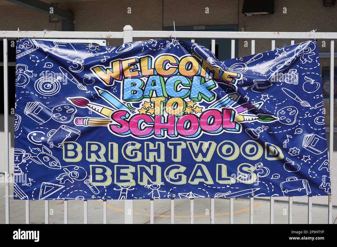 Welcome Back to School sign at  Brightwood Elementary School, Sunday, April 19, 2021, in Monterey Park, Calif. Stock Photo