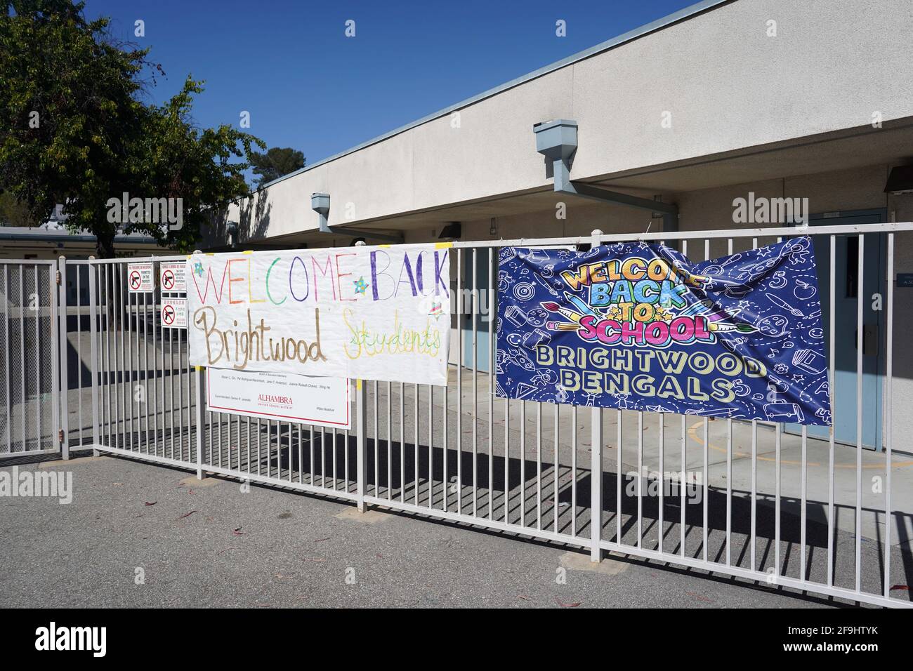 Welcome Back signs at  Brightwood Elementary School, Sunday, April 19, 2021, in Monterey Park, Calif. Stock Photo