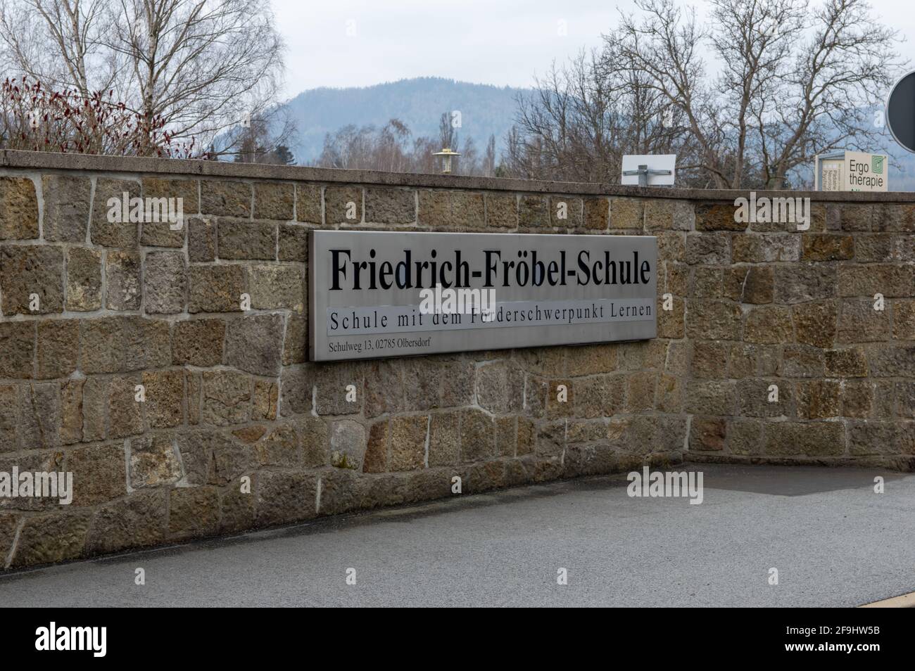 Sign of Friedrich-Froebel Schule. A School with special focus on learning disability Stock Photo