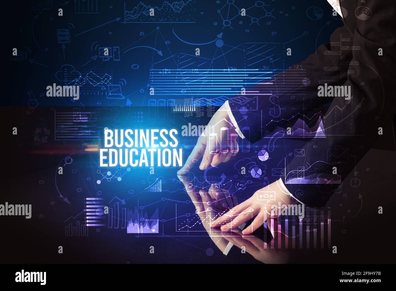 Businessman touching huge screen concept Stock Photo