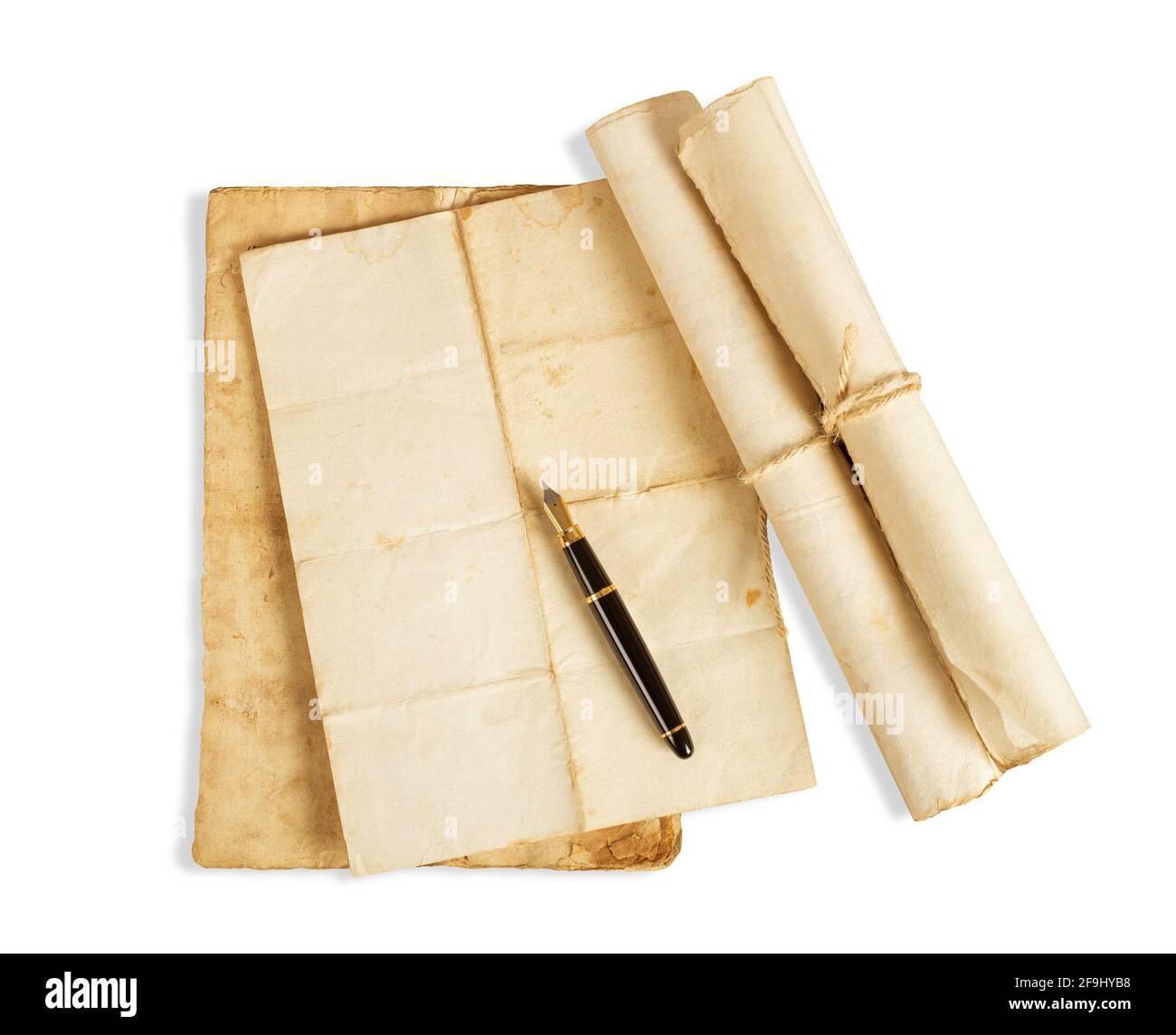 Fountain pen  with old sheets isolated  on white  background Stock Photo