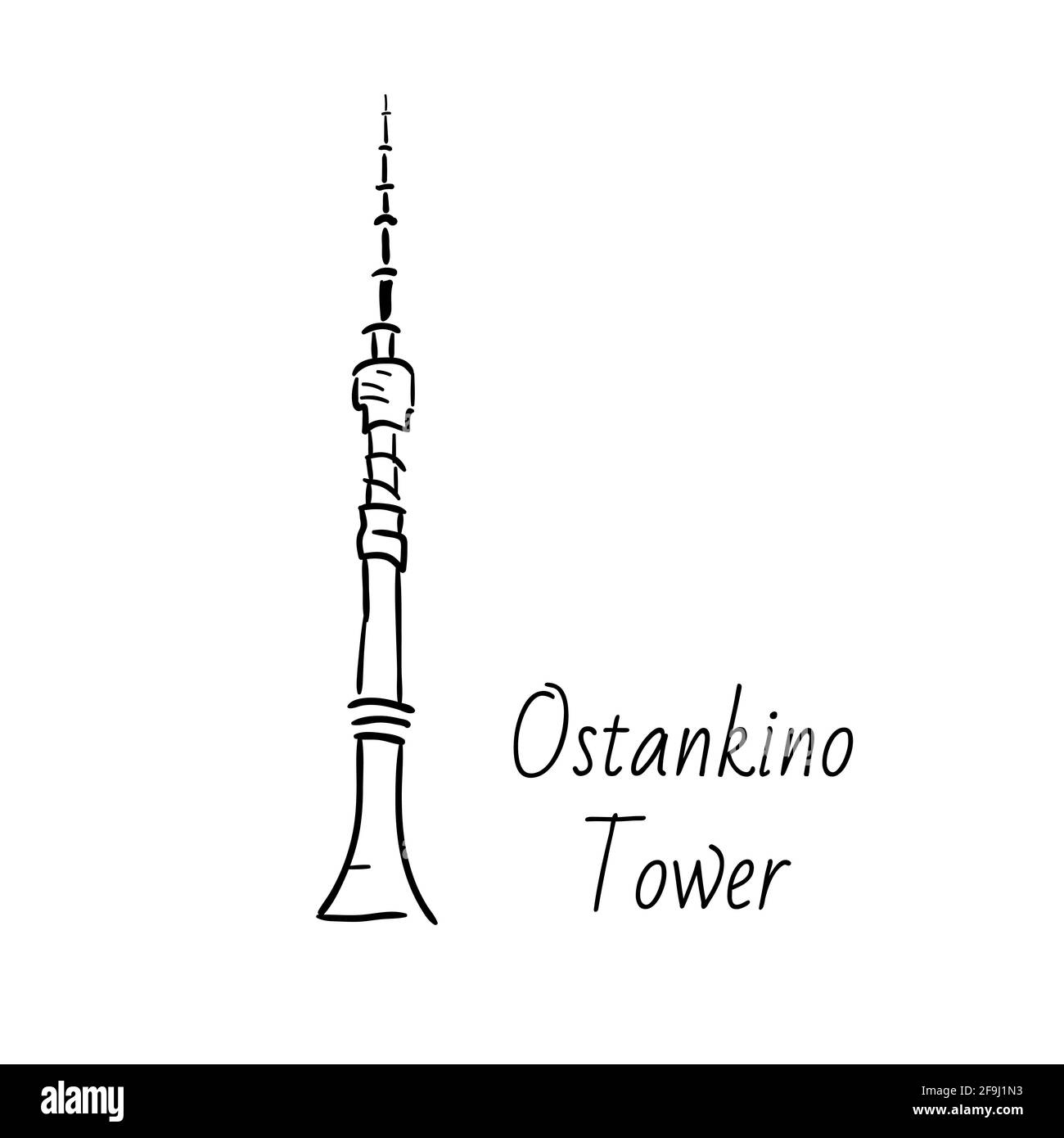 Hand drawn doodel sketch of Moscow landmarks. Ostankino tower. Tv. Black line on white background Stock Vector