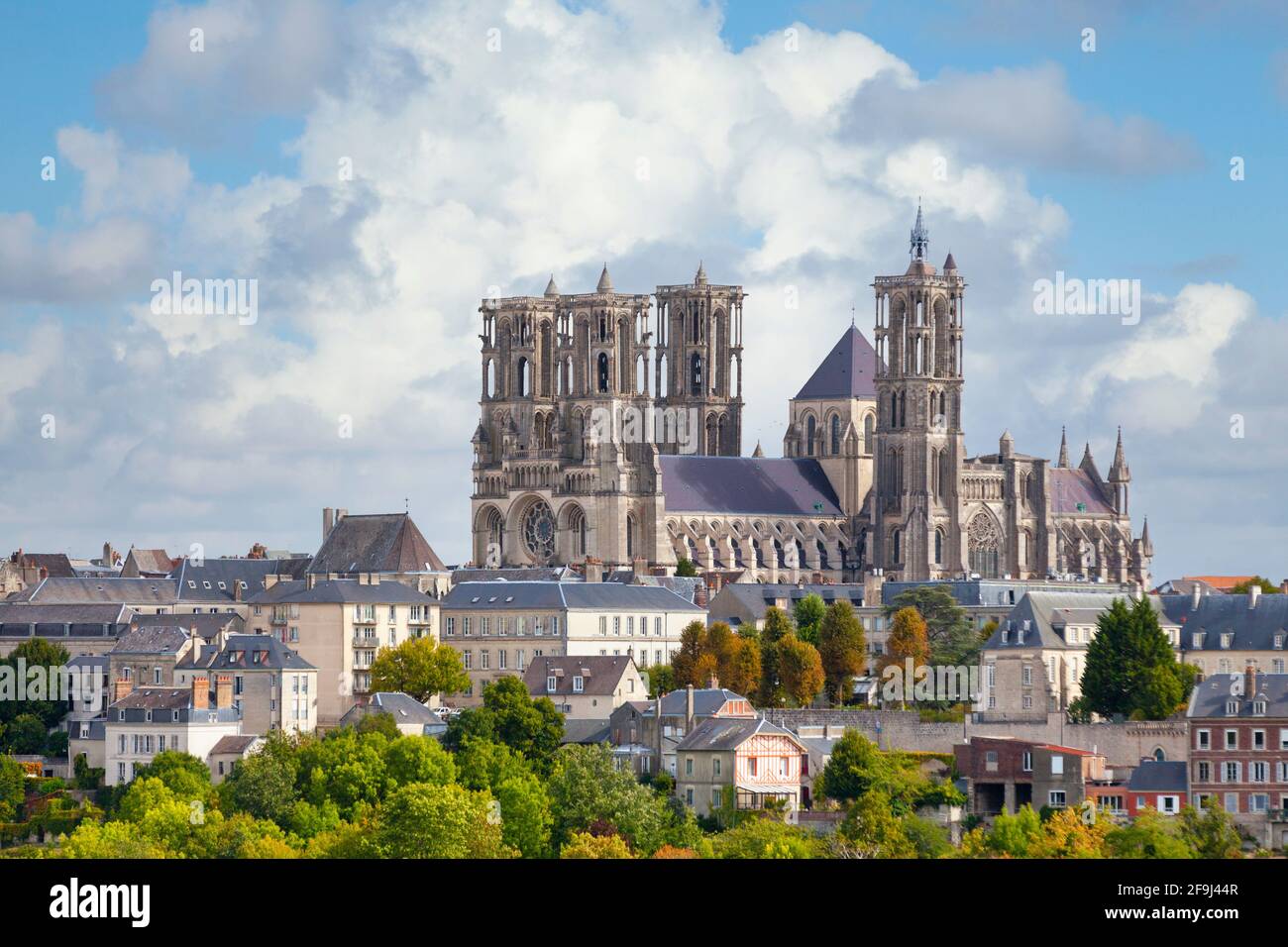 Aerial view of Laon Cathedral, a Roman Catholic church located in Laon, Aisne, Hauts-de-France, France. Stock Photo