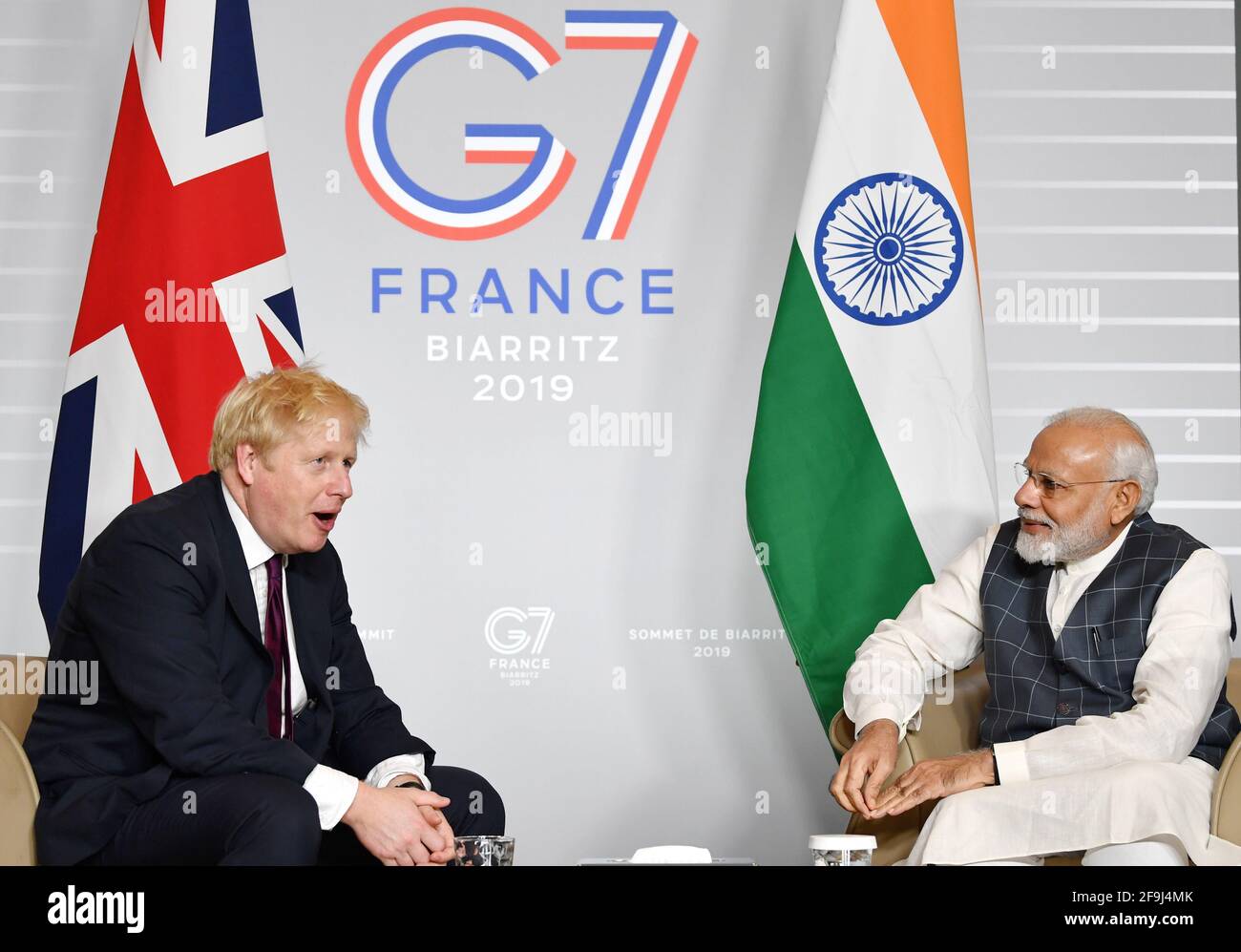 File photo dated 25/08/19 of Prime Minister Boris Johnson meeting India PM Narendra Modi for bilateral talks during the G7 summit in Biarritz, France. Boris Johnson has cancelled his visit to Delhi next week, as the coronavirus crisis worsens in India and concerns grow over a new variant there. Issue date: Monday April 19, 2021. Stock Photo