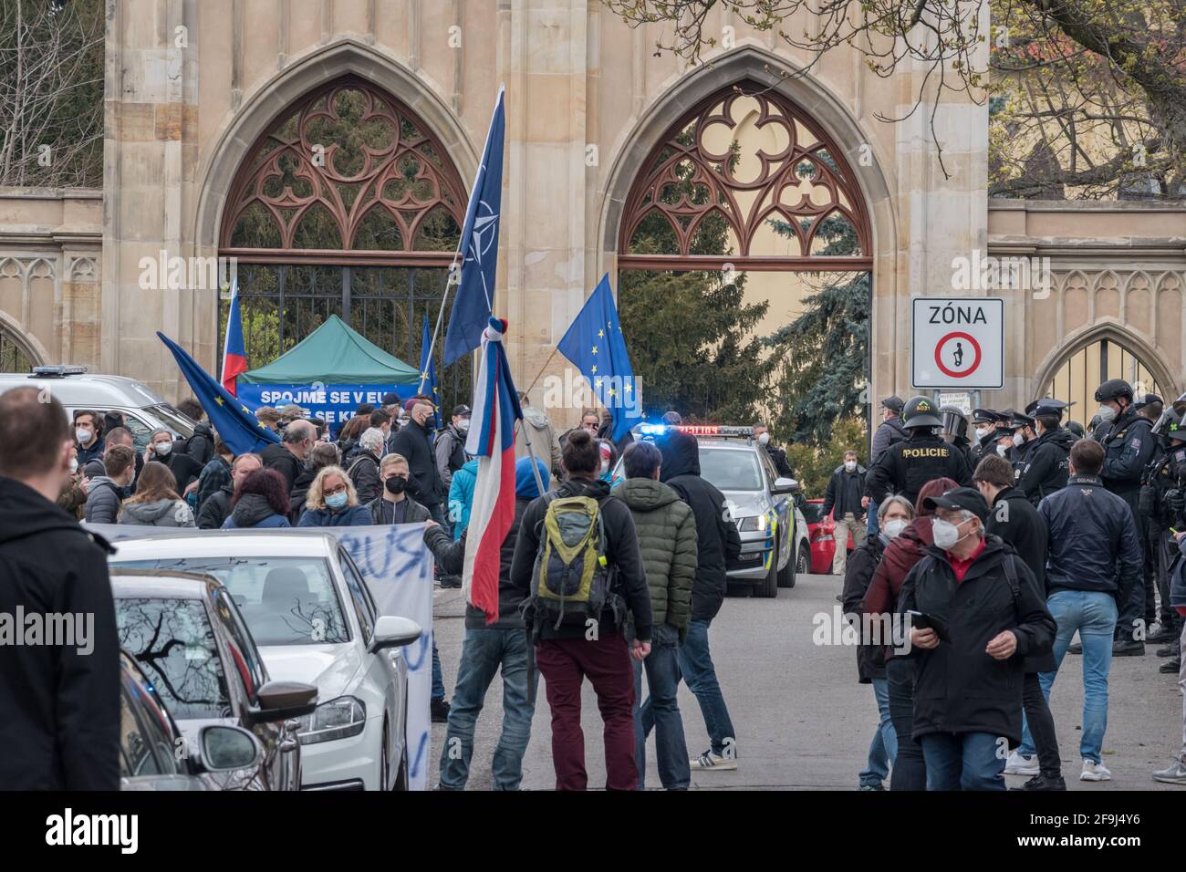 People protest outside the Russian Embassy in Prague, Czech Republic, April 18, 2021 against Putinist Russia and Russia's suspected involvement in an Stock Photo