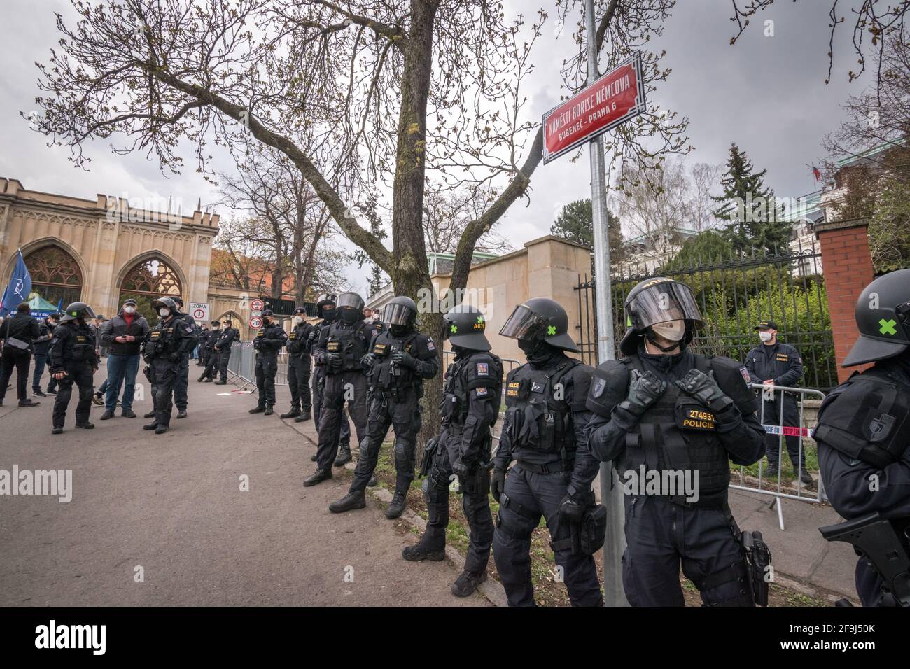 People protest outside the Russian Embassy in Prague, Czech Republic, April 18, 2021 against Putinist Russia and Russia's suspected involvement in an Stock Photo