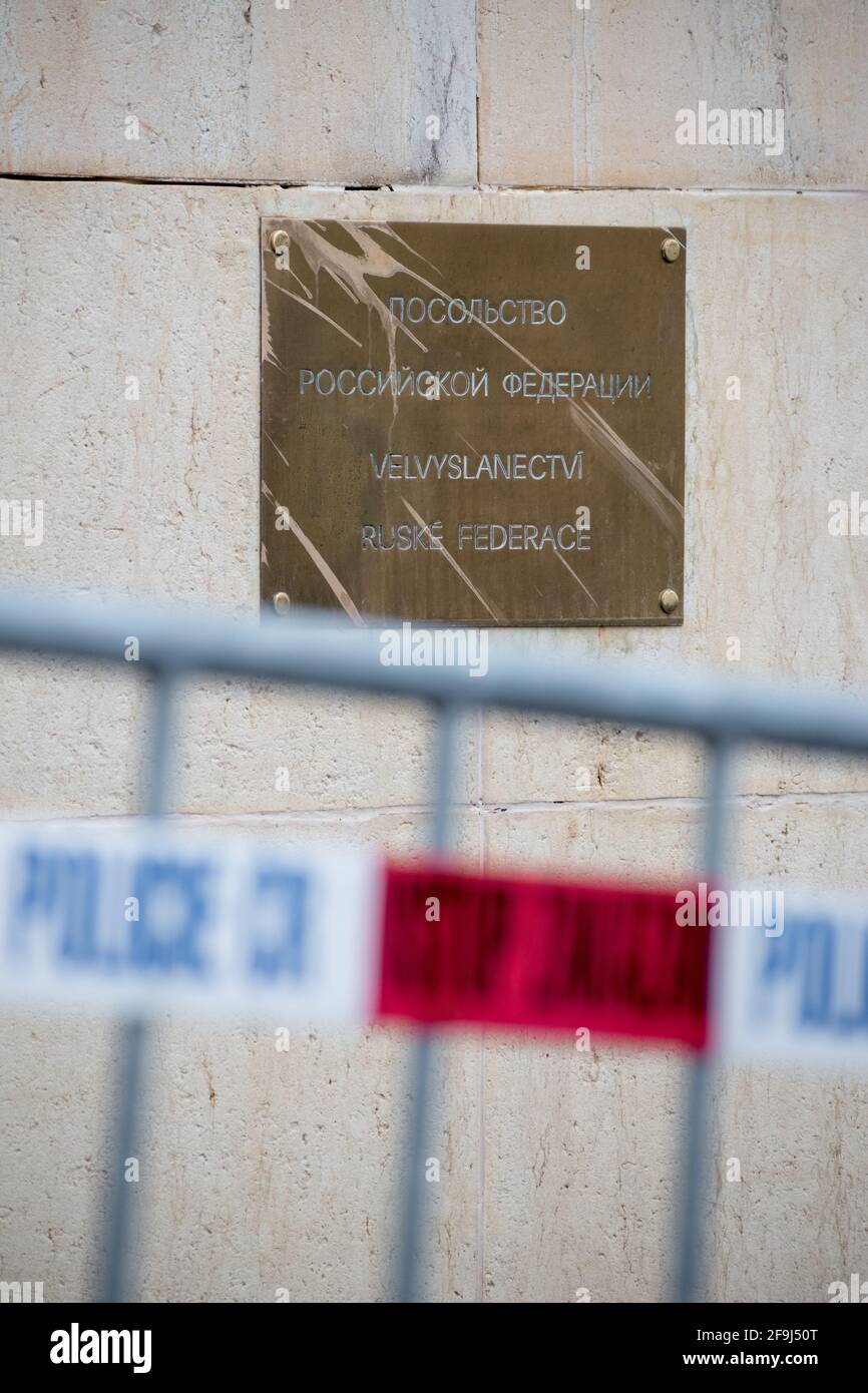 Czech police guards an area in front of the building of the Embassy of the Russian Federation in Prague, Czech Republic, on April 18, 2021. Russian se Stock Photo