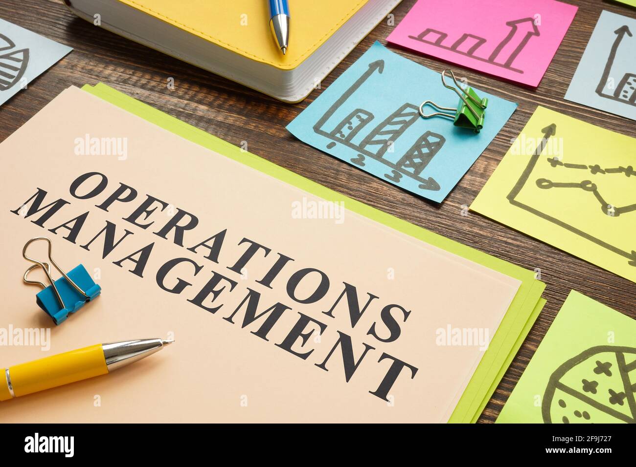 Operations management report with lot of memo sticks. Stock Photo