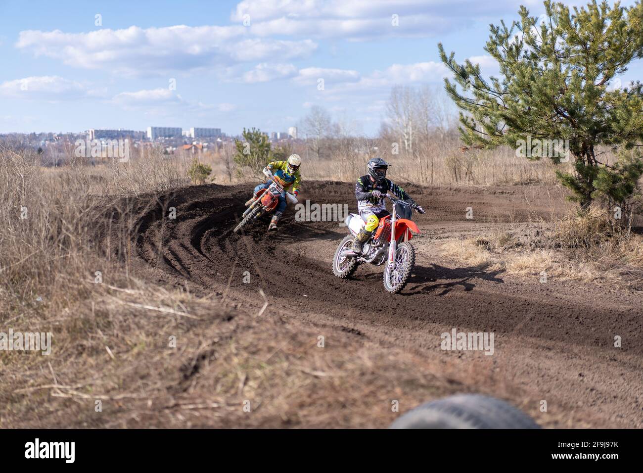 Kharkov. Ukraine March 2021 Moto cross training Enduro bike ride off road track Motorcycle