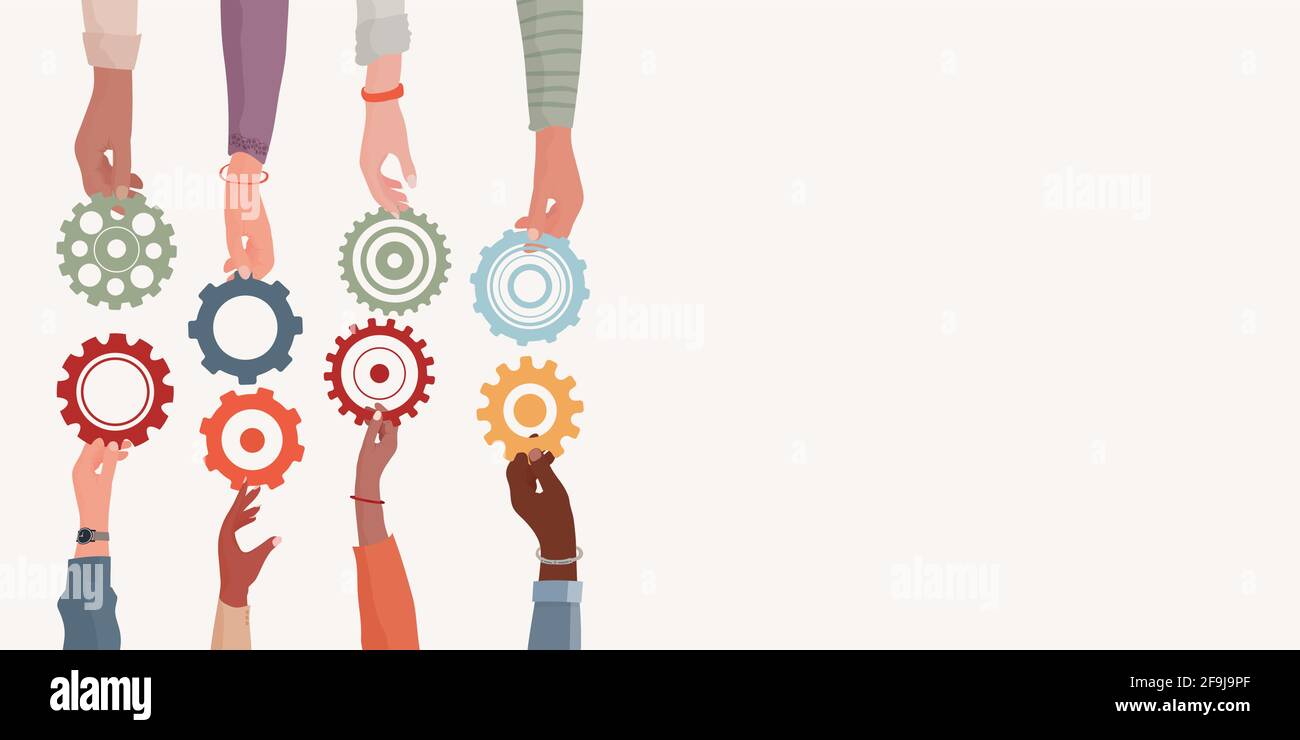 Banner. Concept teamwork and cooperation between colleagues.  Diverse people’s arms and hands holding one gear that fits into other cogwheel.Community Stock Vector