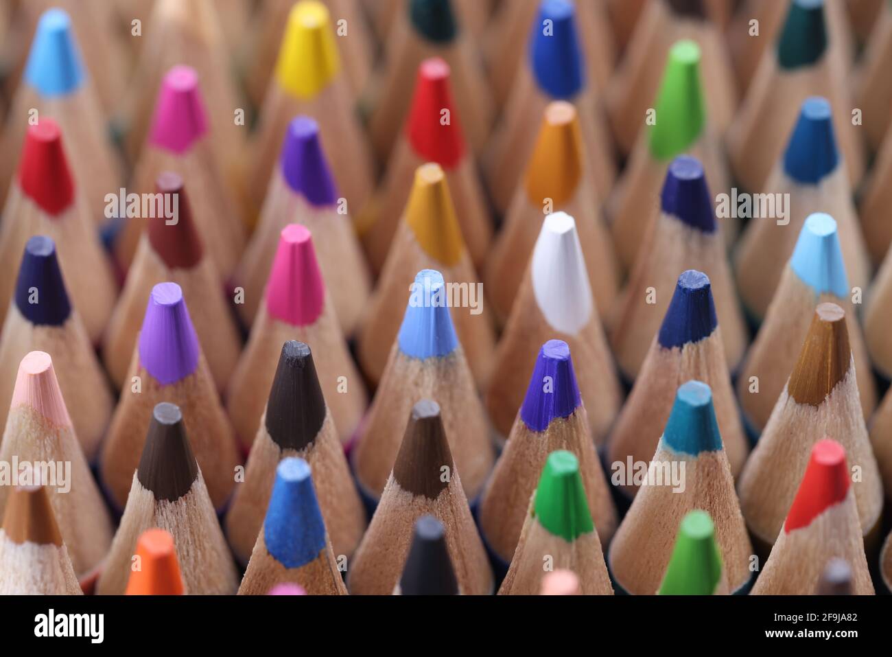 Closeup of many multicolored sharp wooden pencils Stock Photo