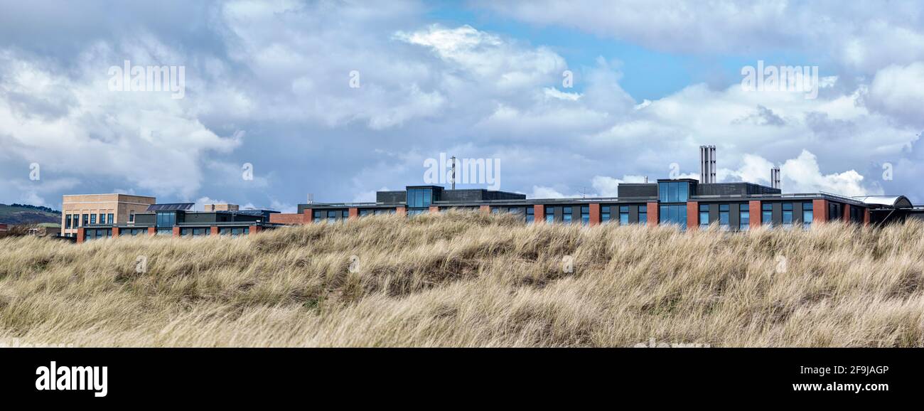 Swansea University campus, seen from Crymlyn Burrows SSSI.  Panoramic image Stock Photo