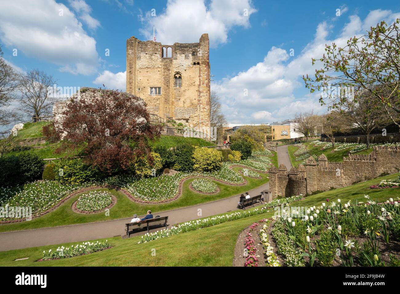 Guildford Castle and gardens during April with tulips and other spring flowers, Surrey, England, UK Stock Photo