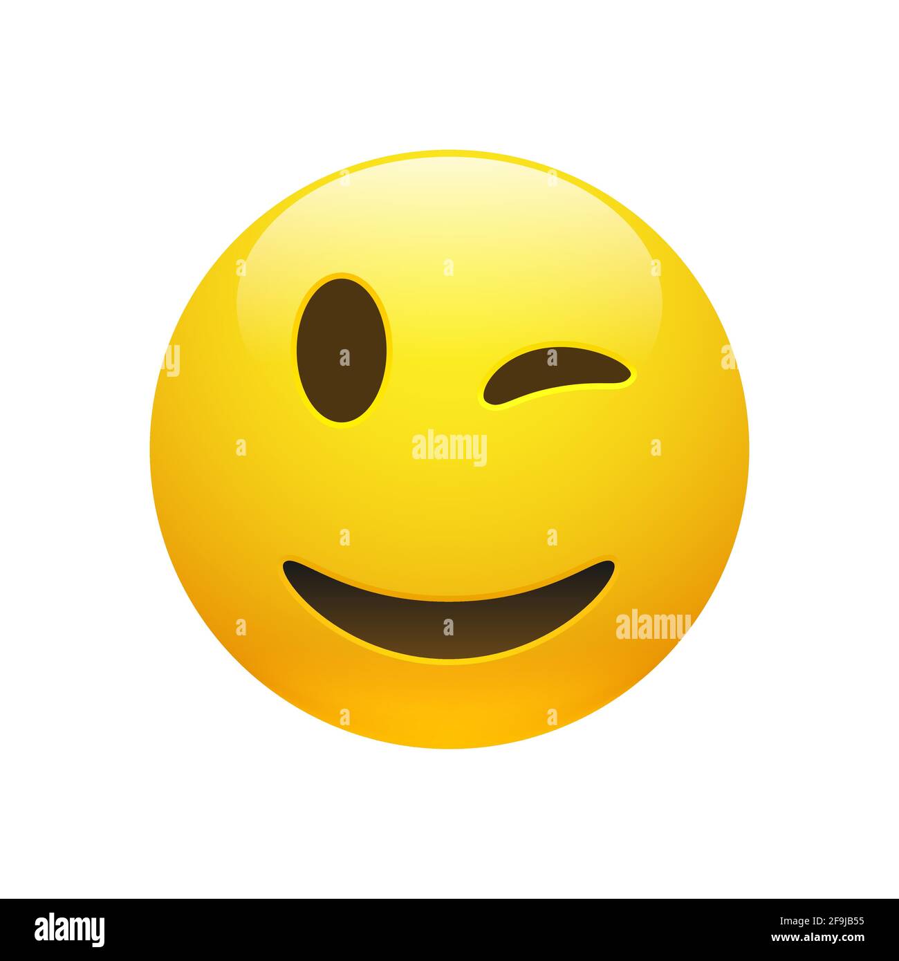 Vector Emoji yellow smiley winking face with eyes and mouth on white background. Funny cartoon Emoji icon. 3D illustration for chat or message. Stock Vector