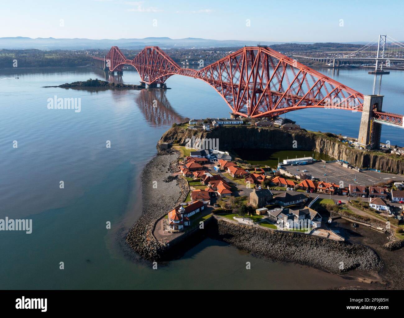 Aerial view of the Forth Rail Bridge at North Queensferry. The bridge completed in 1889 spans the Firth of Forth between North and South Queensferry. Stock Photo