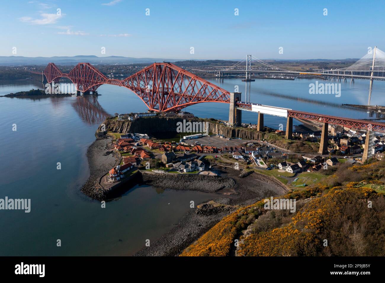 Aerial view of the Forth Rail Bridge at North Queensferry. The bridge completed in 1889 spans the Firth of Forth between North and South Queensferry. Stock Photo