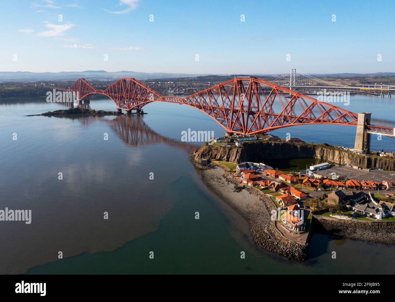 Aerial view of the Forth Rail Bridge at North Queensferry. The bridge completed in 1889 spans the Firth of Forth between North and South Queensferry. Stock Photo