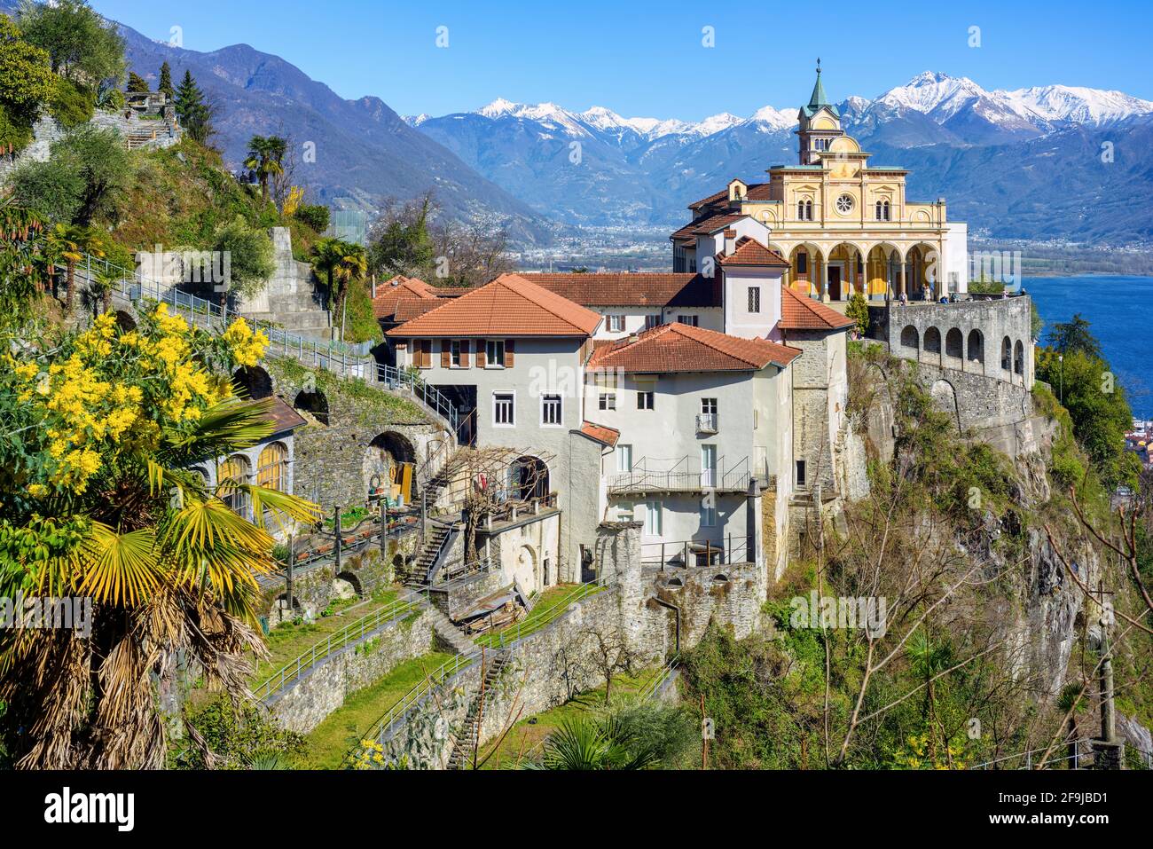 The Sacred Mount Madonna del Sasso (Our Lady of the Rock) on Lago Maggiore lake in Orselina, Locarno is the most important sanctuary in Ticino canton, Stock Photo