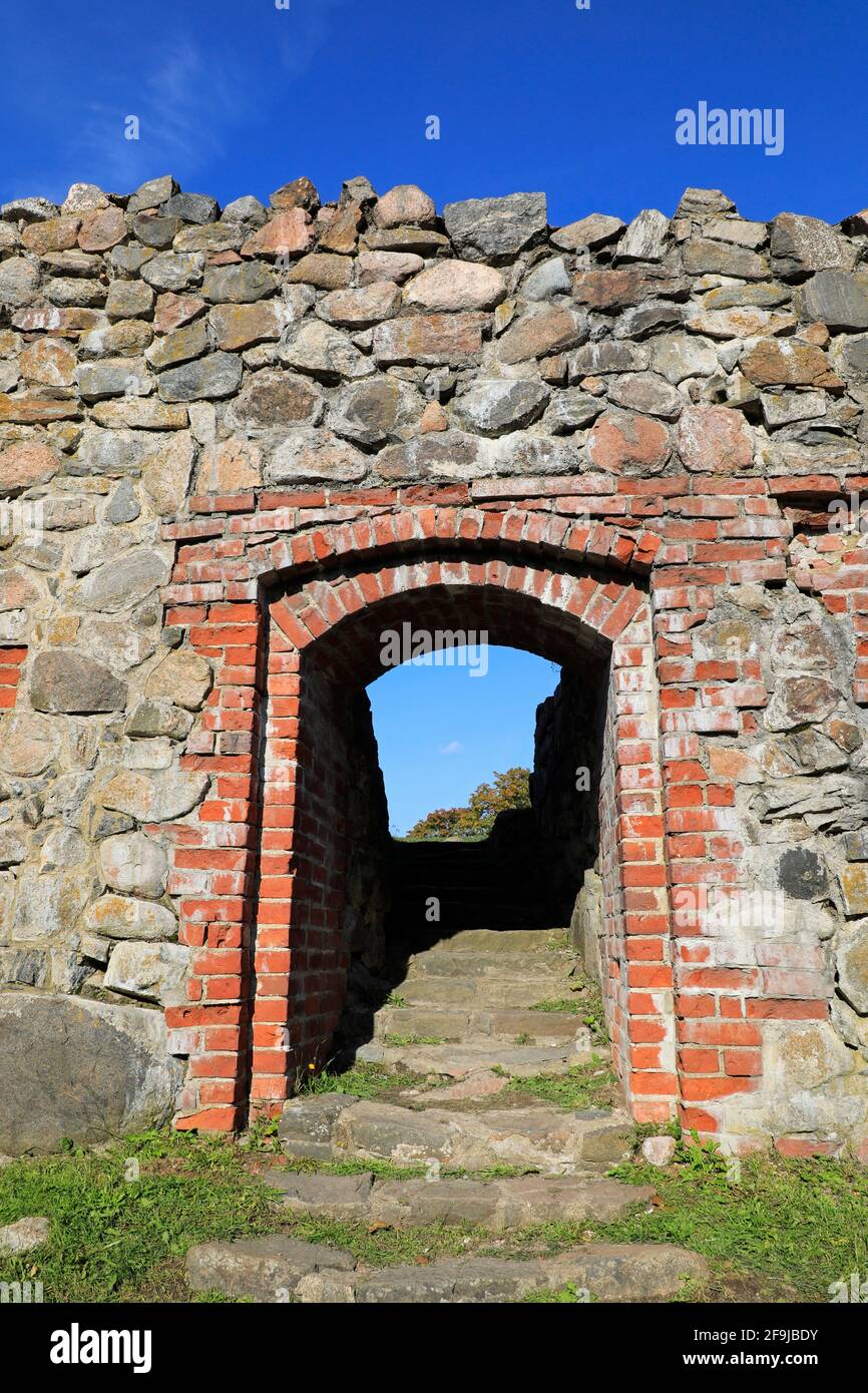 Doorway in Kuusisto Bishop's castle ruins on island of Kuusisto, Kaarina, Finland. Bishop Magnus II Tavast, 1412–1450, built most of the castle. Stock Photo
