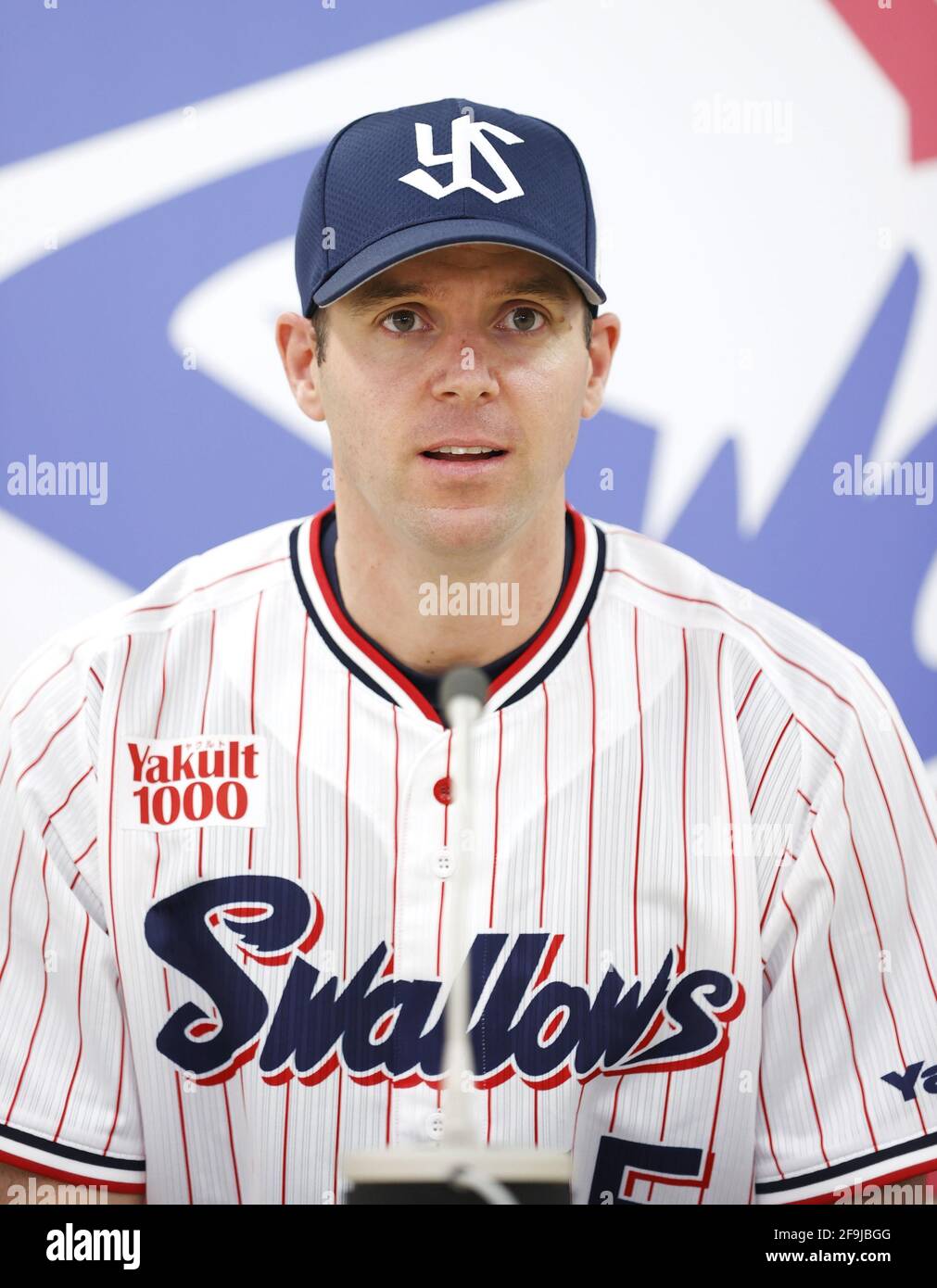 New Yakult Swallows pitcher Rick Vandenhurk attends an introductory press  conference in Tokyo on April 19, 2021. The right-hander has a 43-19 career  record with a 3.68 ERA in Japan between 2015