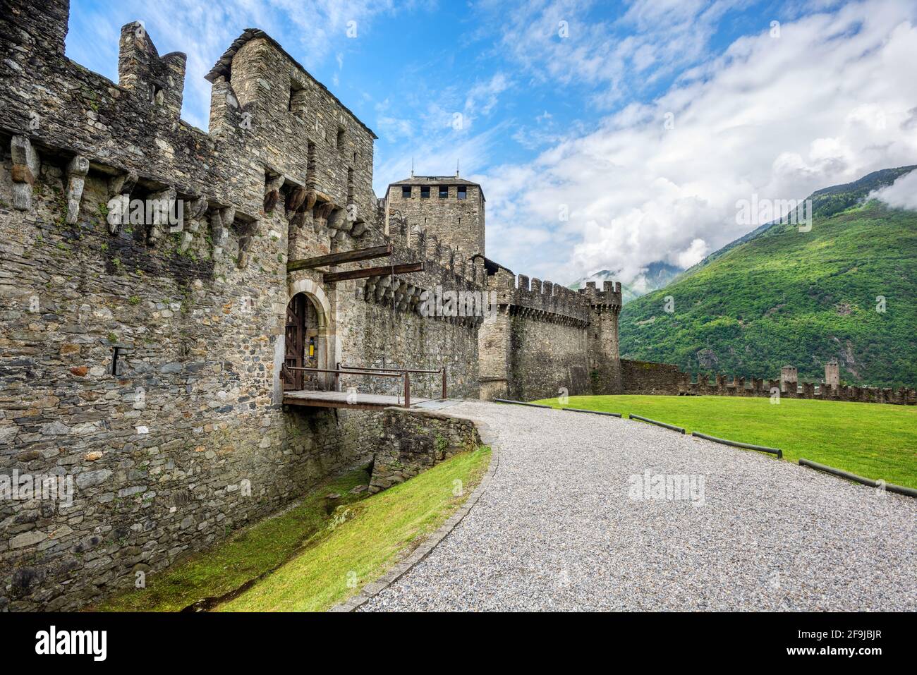 Medieval Montebello castle in Bellinzona, swiss Alps mountains, Ticino, Switzerland Stock Photo
