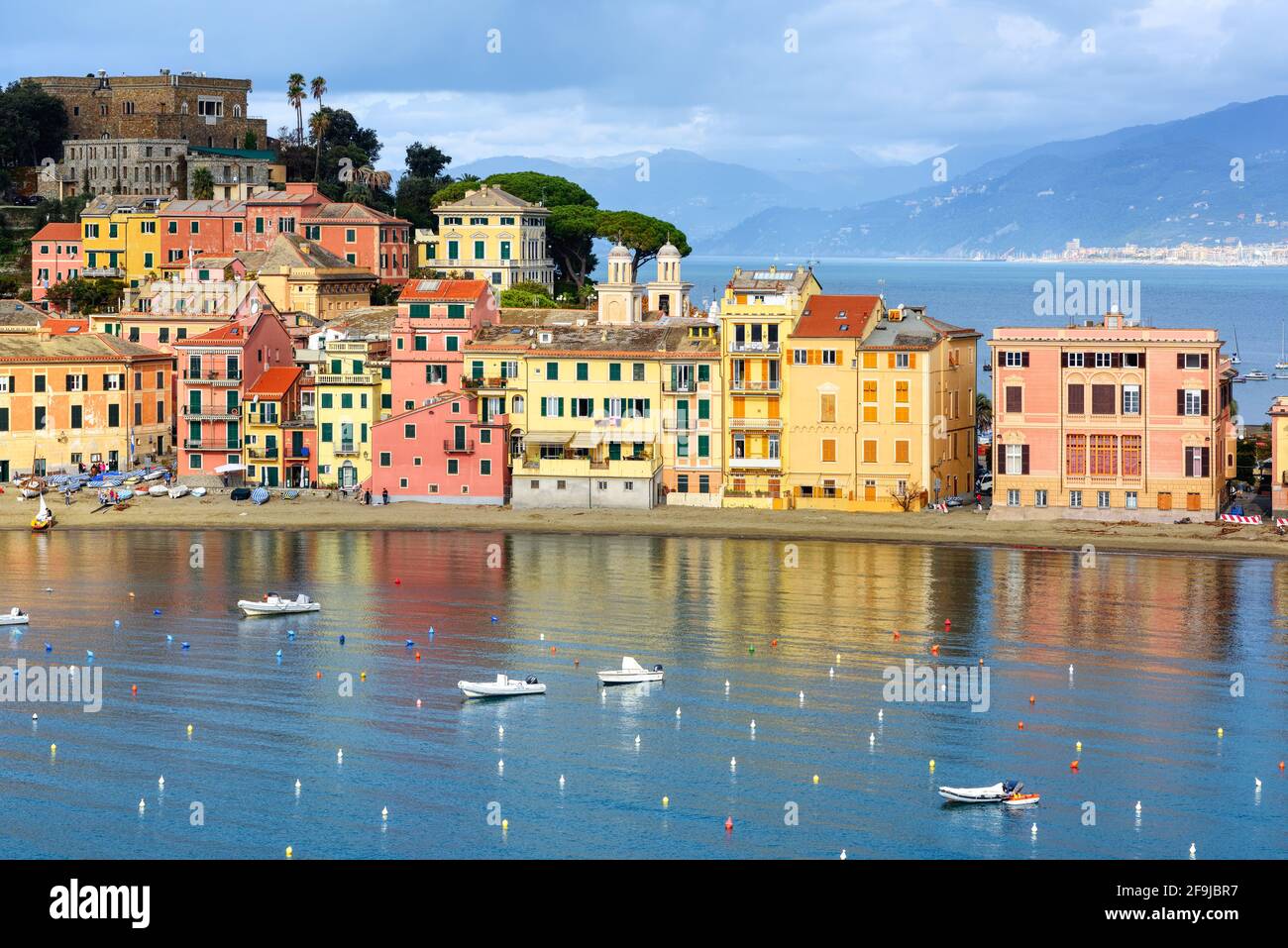 Colorful traditioanal houses in the Bay of Silence in the Old town of Sestri Levante, Mediterranean sea coast of Liguria, Italy Stock Photo