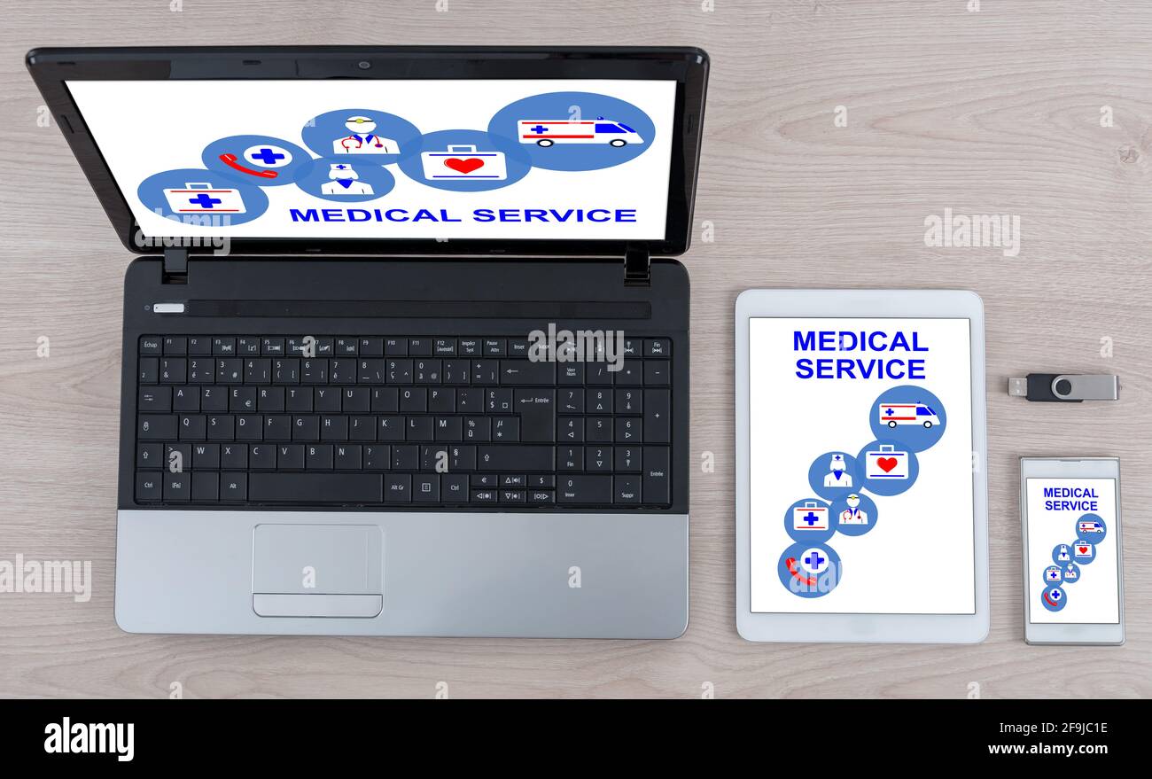 Medical service concept shown on different information technology devices Stock Photo