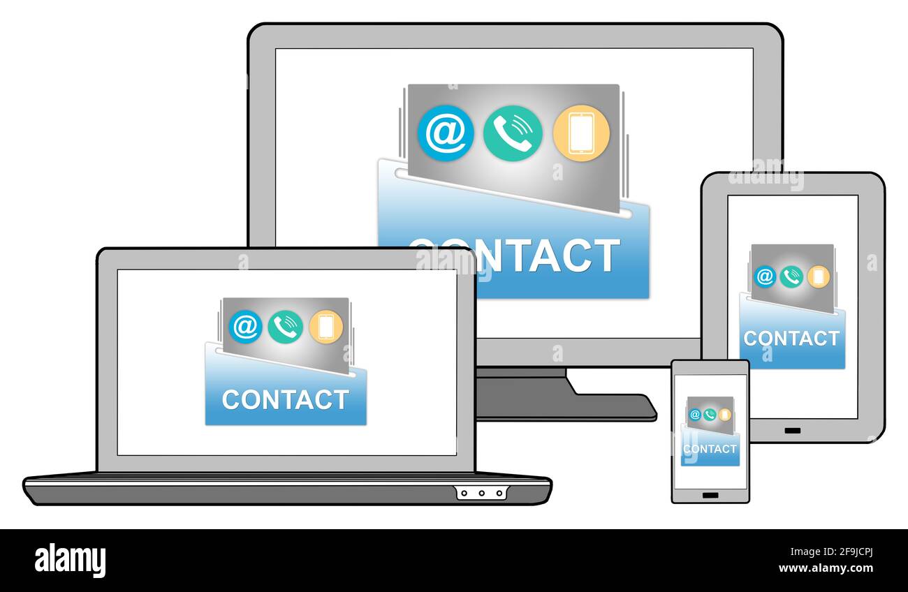 Contact concept shown on different information technology devices Stock Photo