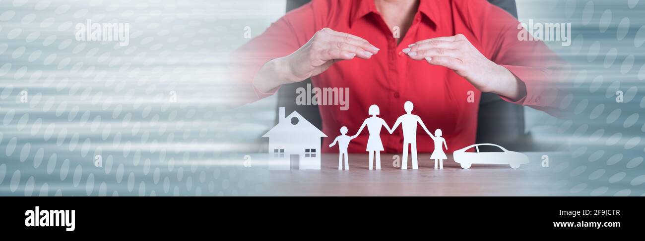 Insurer protecting house, family and car with his hands; panoramic banner Stock Photo