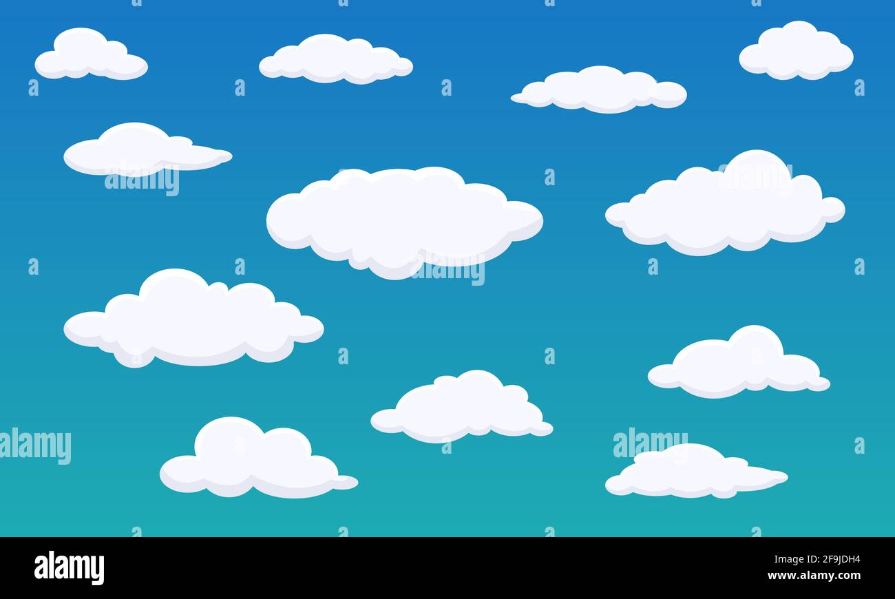 Different shape cartoon white clouds on blue background. Vector decoration element. Stock Vector