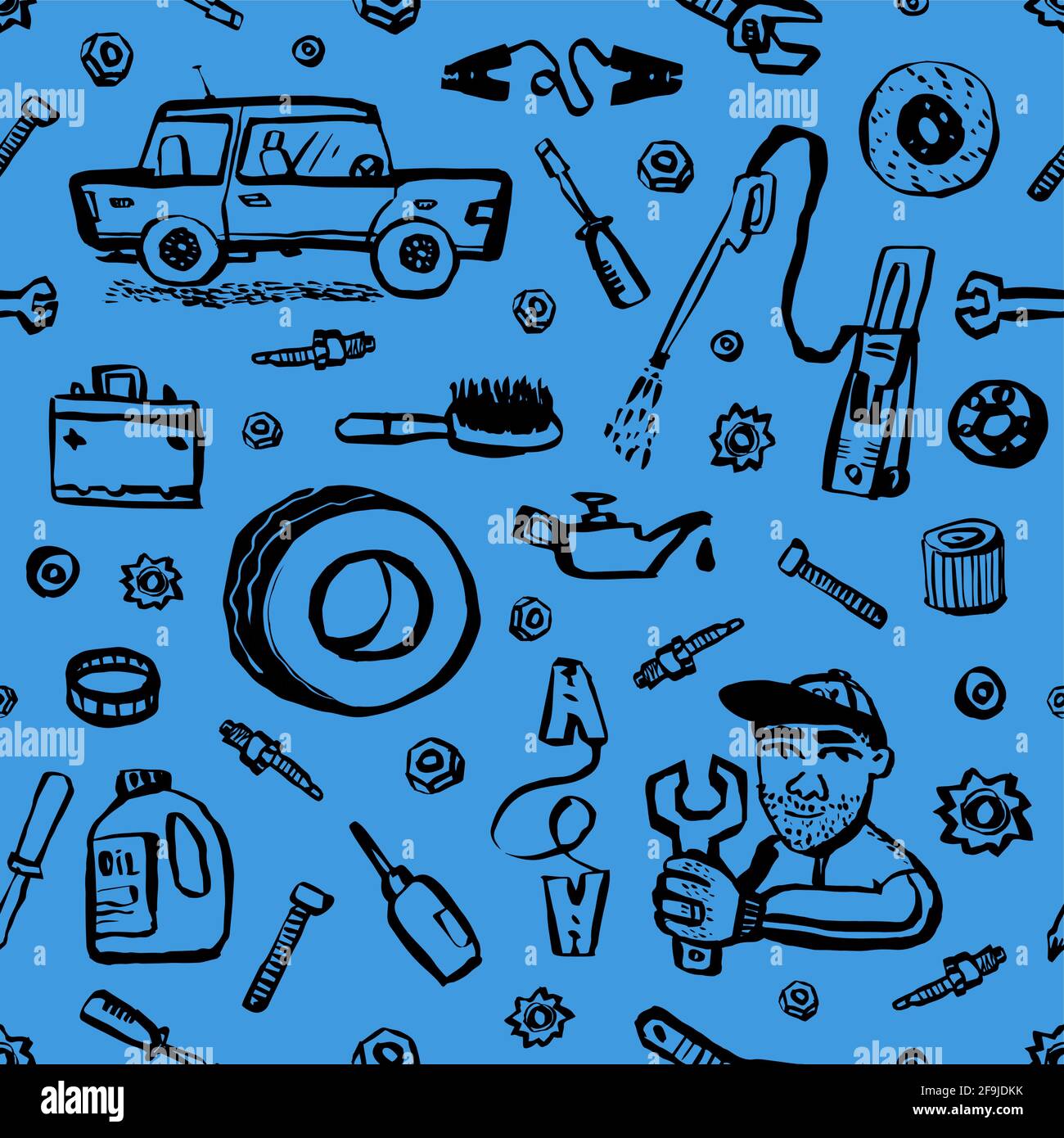 Car service seamless pattern. Blue seamless background with car part, tools,  etc. Doodle ink style vector illustration Stock Vector Image & Art - Alamy