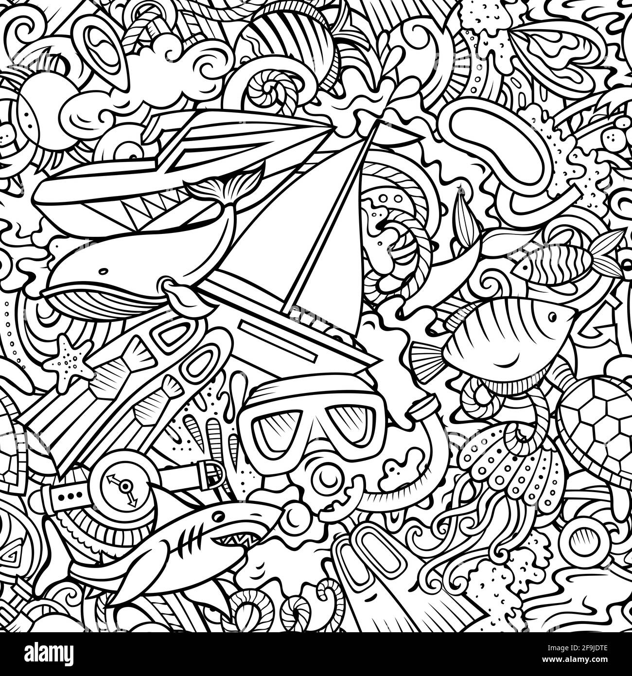 Cartoon doodles Diving seamless pattern. Backdrop with snorkeling ...