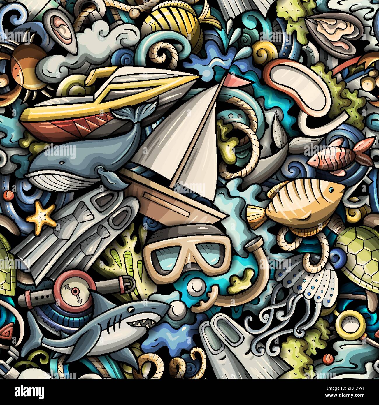 Cartoon doodles Diving seamless pattern. Backdrop with snorkeling symbols and items. Colorful detailed background for print on fabric, textile, phone Stock Vector