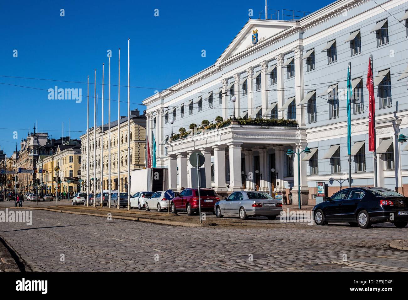Helsinki, Finland - March 11, 2017: View of Traditional Buildings in the South Harbour on a Sunny Day Stock Photo