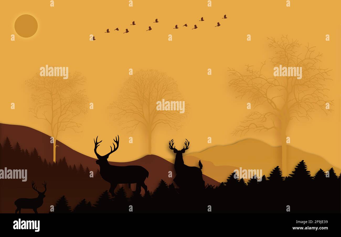 3d illustration landscape . deer and tree in hill . birds and moon in the sky Stock Photo