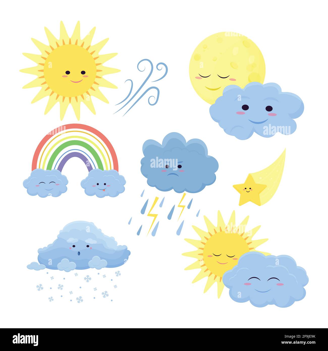 Cute weather icons set in cartoon flat style isolated on white background. Vector illustration of sun, rain, storm, snow, wind, moon, star, rainbow. F Stock Vector