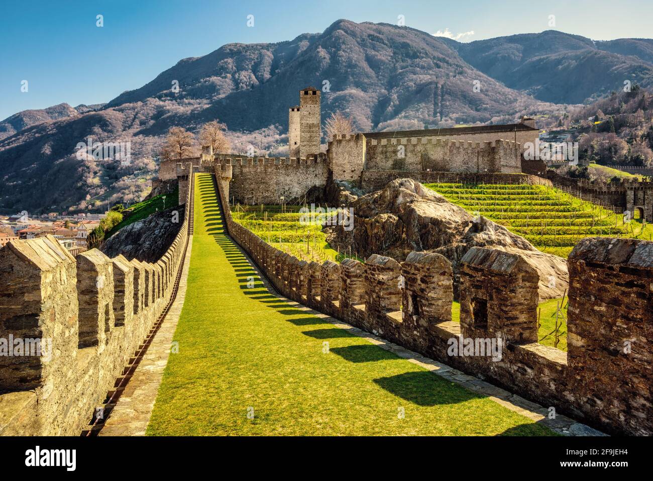 Walls and towers of Castelgrande castle in Bellinzona city in the Alps mountains, Ticino, Switzerland Stock Photo