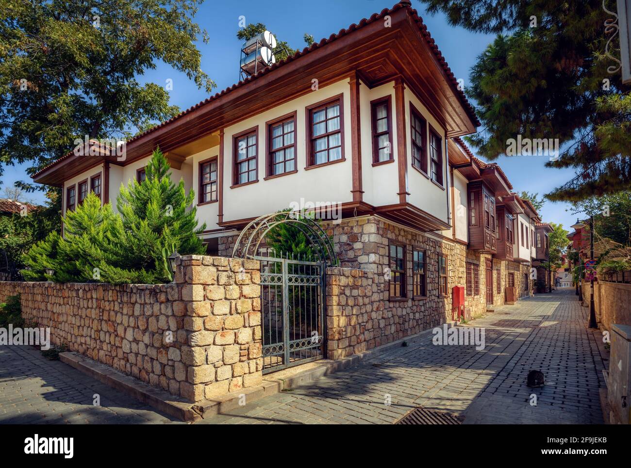 Traditional ottoman style houses on a narrow street in Antalya Old town