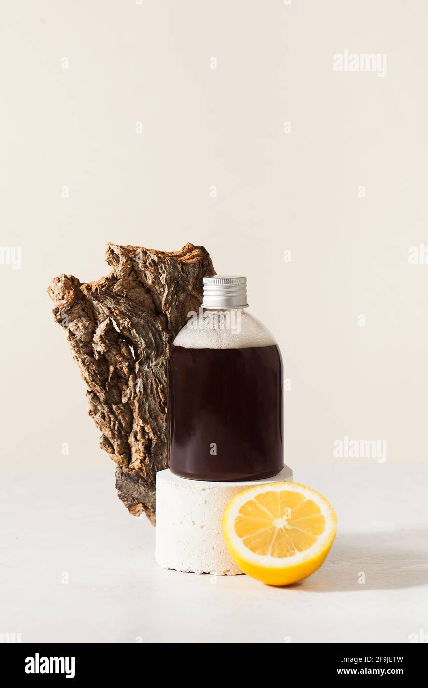 Bottle with eco friendly dish washer detergent or natural fruit and