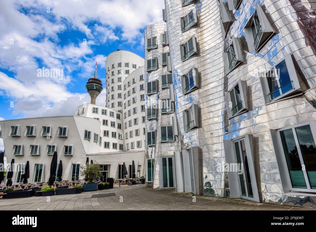 Dusseldorf, Germany - 10 July 2020: Neuer Zollhof buildings in Dusselfdorf Hafen, Germany, the business and lifestyle district of Dusseldorf city famo Stock Photo