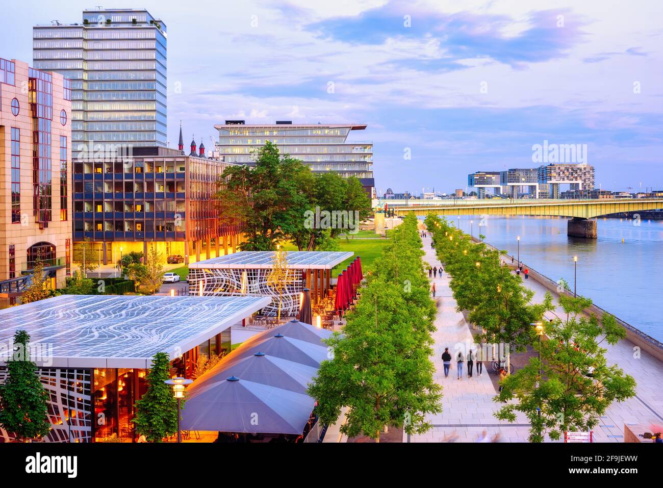 Rheinboulevard, a riverside walk promenade on Rhine river in Cologne city center, Germany Stock Photo