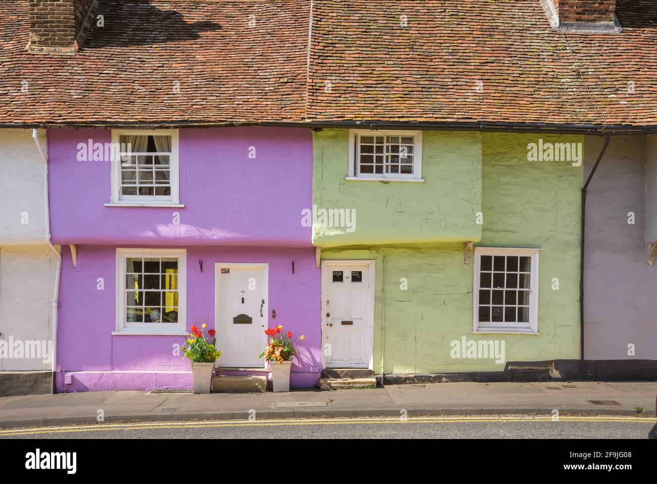 Colourful house UK, view of a pair of colourful late medieval terraced
