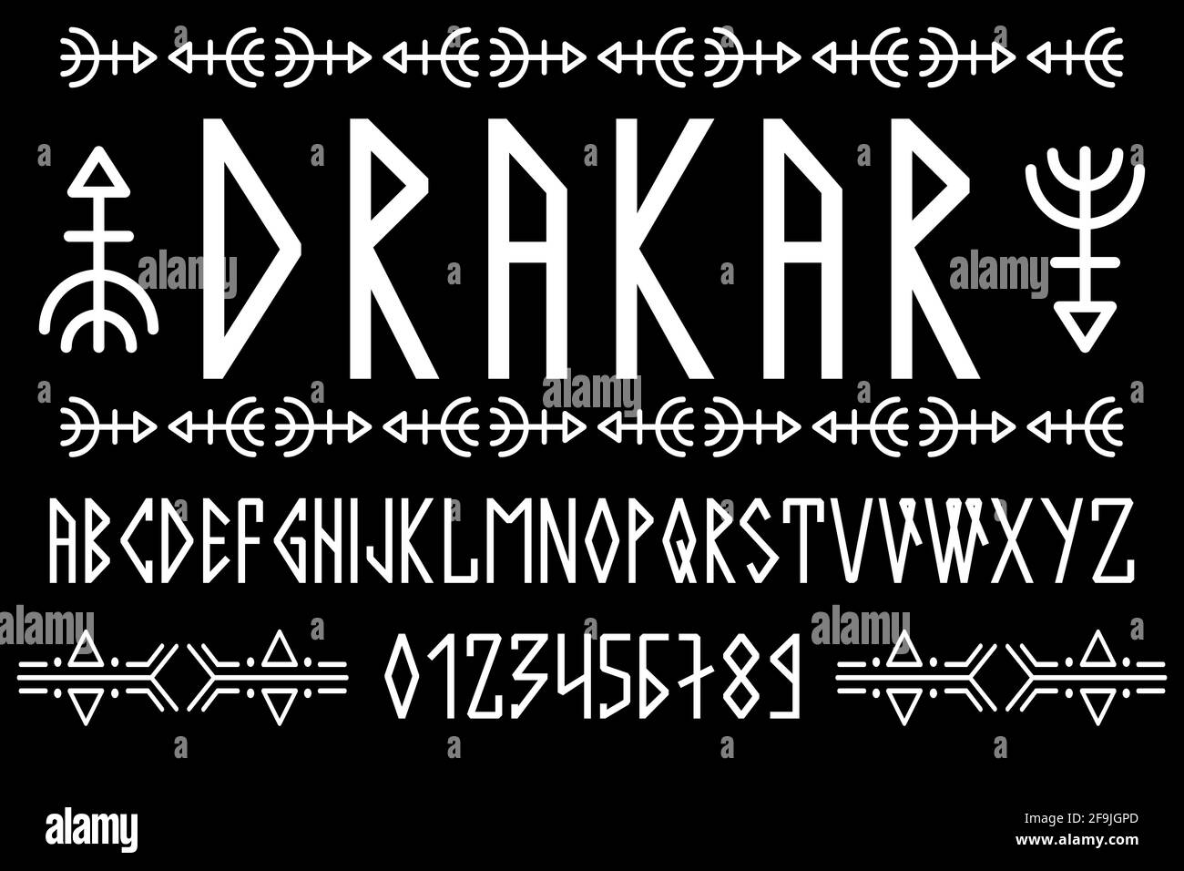 Scandinavian script, in capital letters in the style of nordic runes. Modern design. A magical rune font in the ethnic style of the northern peoples Stock Vector