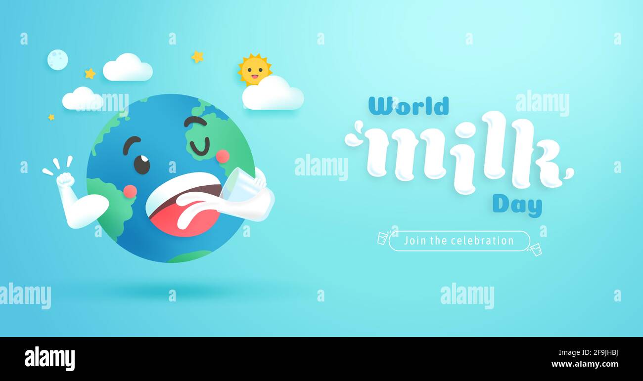 World milk day vector illustration.World smiling and cheerful cartoon drinking a glass of milk and show strength arm healthy to join the celebration w Stock Vector