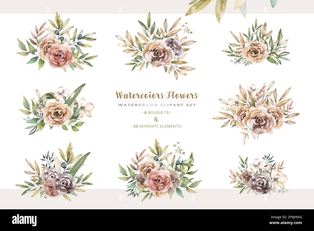 Wreath brown set with flowers and leaves. Watercolor bouquet for ...