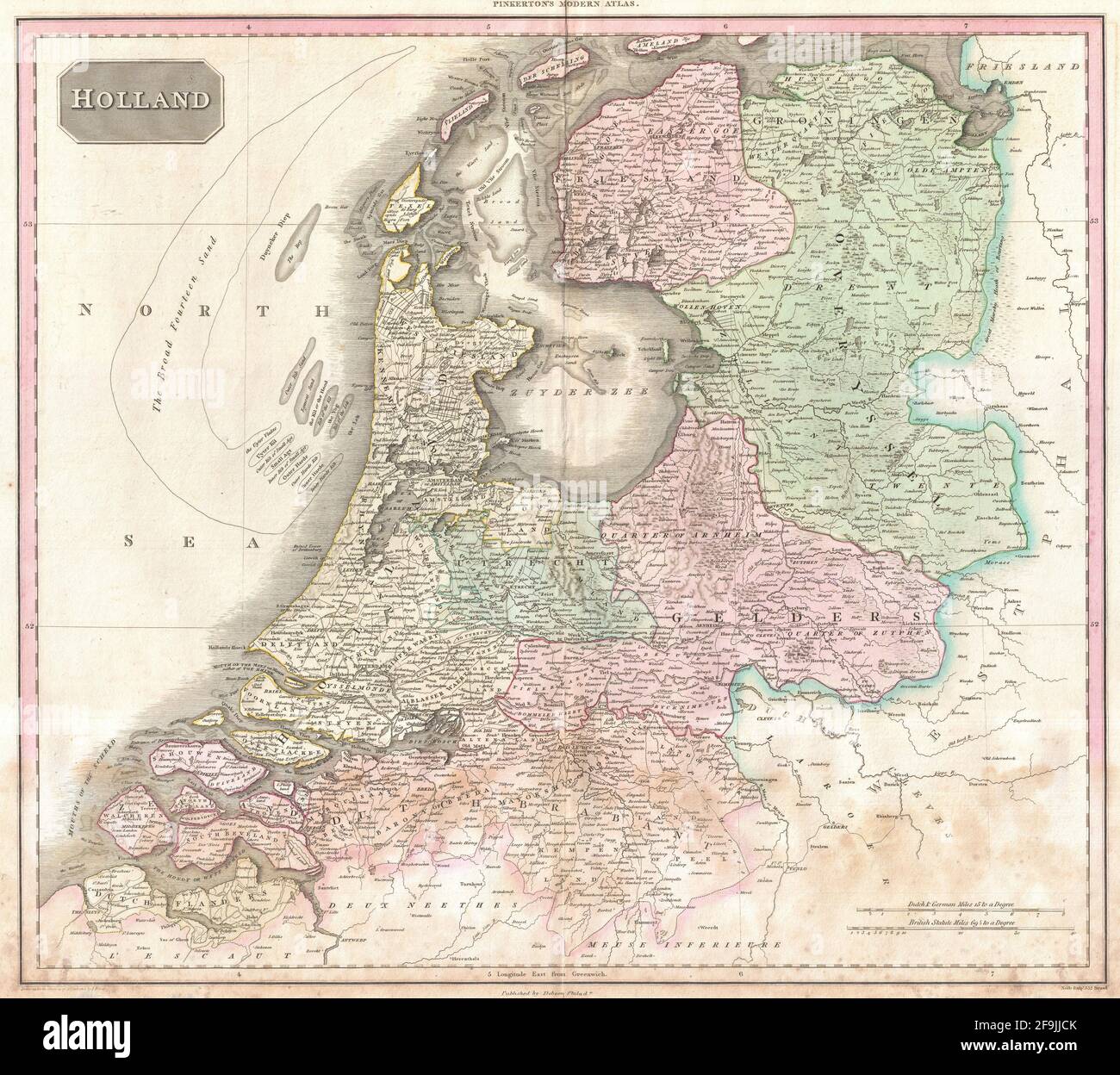 Beautiful vintage hand drawn Pinkerton's map of Holland from 1818 with beautiful colorful maps and illustrations of countries, regions and oceans. Stock Photo