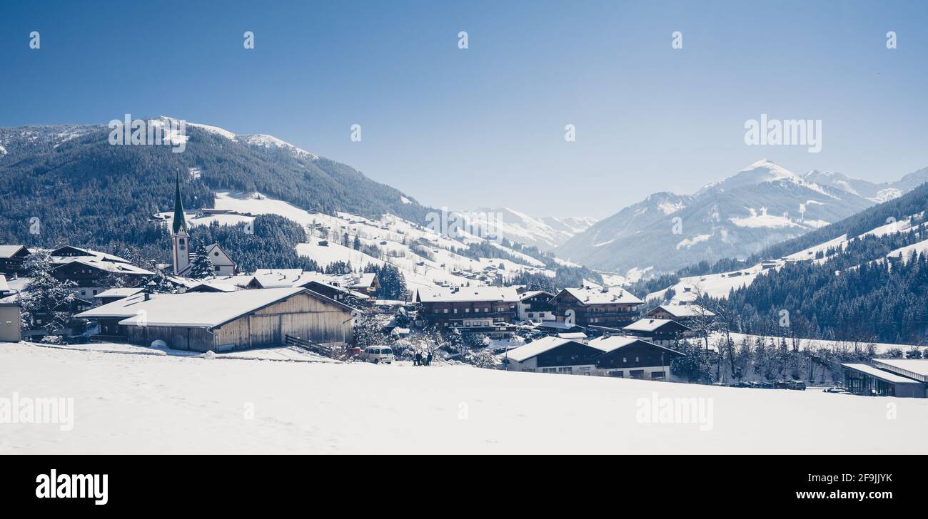 Beautiful view of the snow-covered Alpbach village in Tyrol, Austria Stock Photo